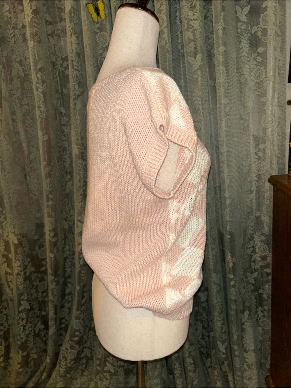 Linen and Cotton Women's Pink Argyle Knit Sleeveless Sweater Top Vintage - Picture 3 of 4